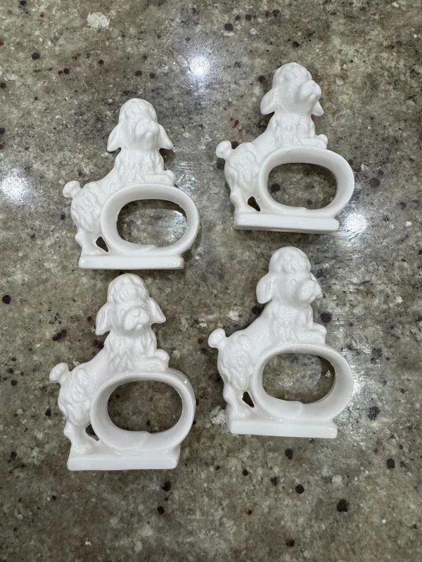 poodle napkin rings set of 4 white poodle dog napkin rings MCM napkin rings sold by ThePopStyle