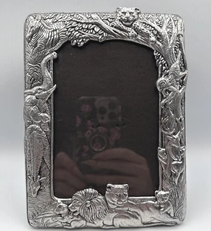 Arthur Court Jungle Animal Frame Pewter retired Frame by Arthur Court 8 x 10 Lion monkey giraffe silver frame sold by ThePopStyle