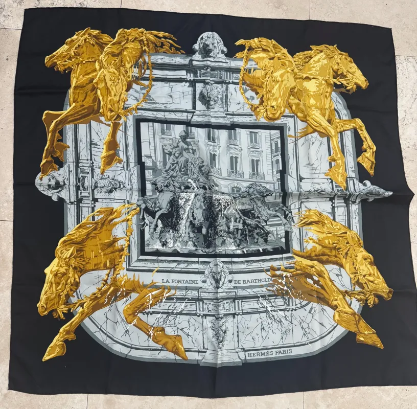 Hermes Bertholdi Fountain France Scarf 1995 with tag vintage 90 cm made by ThePopStyle