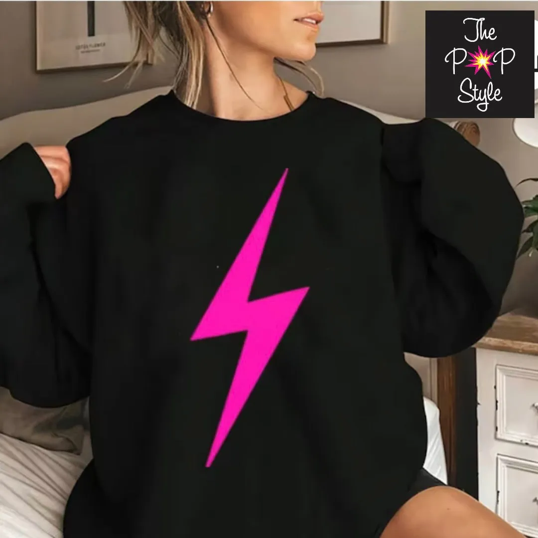 Lightening Bolt Sweatshirt, Black with pink lightening bolt T Shirt sold by ThePopStyle