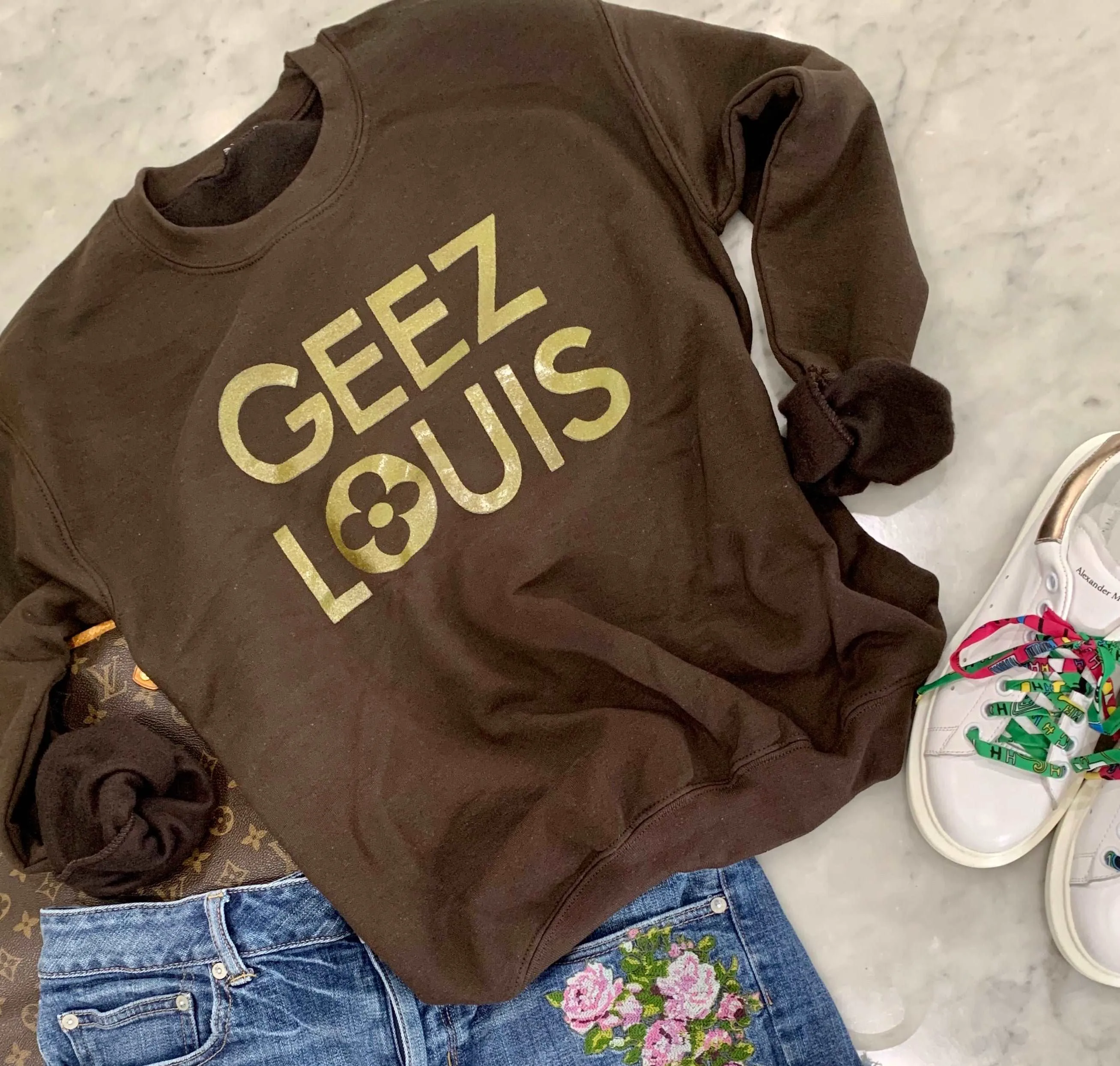 Geez Louis Chocolate Brown Pullover Sweatshirt sold by ThePopStyle product image thumbnail 2