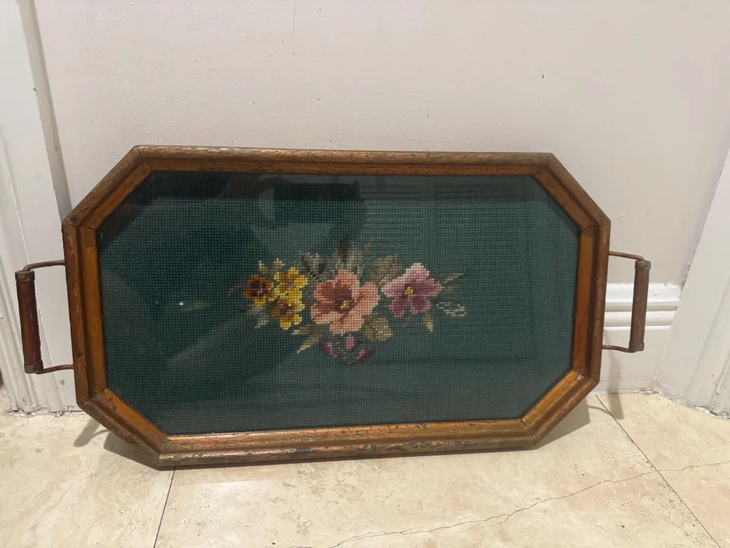 Needlepoint Tray vintage Green and gold handles with glass top Rare Needlepoint Piece Cottage ore Grandmacore sold by ThePopStyle