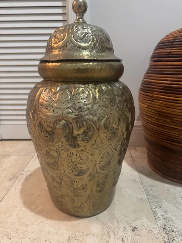 Brass Temple Jar Floor vase with lid vintage brass vase jar sold by ThePopStyle