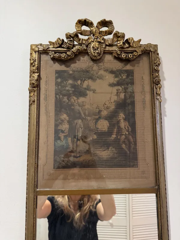 Antique French Trumeau Mirror with Romantic Engraving Gilt Bow Crest made by ThePopStyle