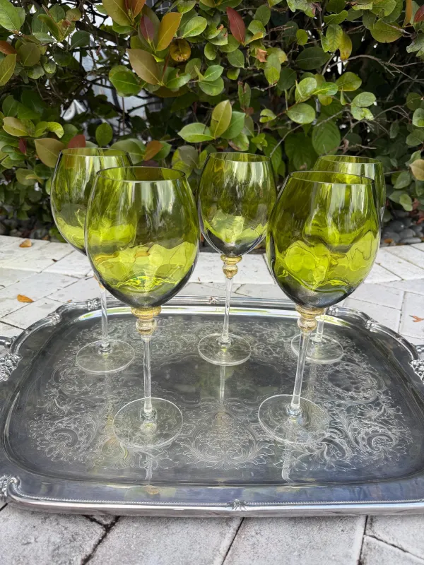 wine glasses hand blown green signed by artist with gold murano style set of 5 artist glasss vintage made by ThePopStyle