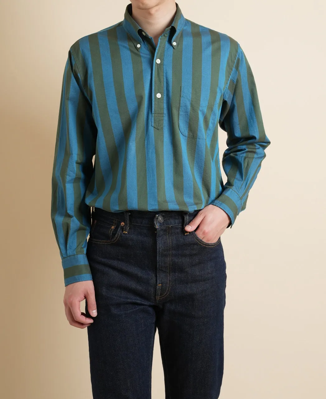 Vintage Ivy Olive green and Blue Stripe Popover sold by Kamakura product image thumbnail 2