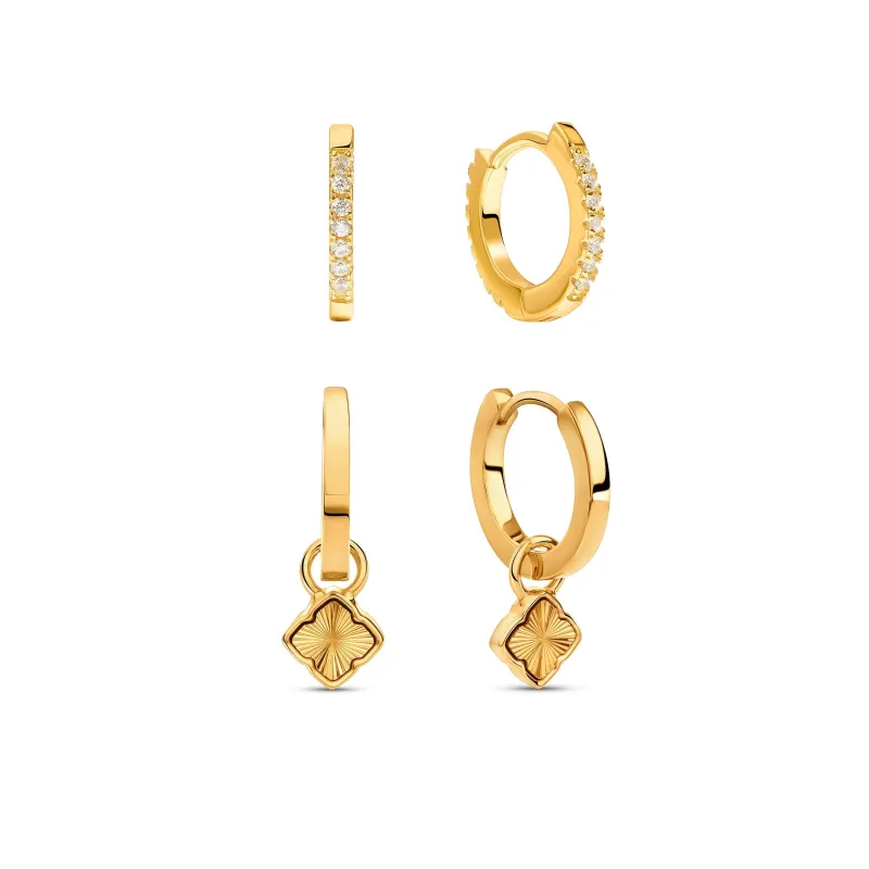 Fine Mini Fluted Clover & Crystal Huggie Earring Set (Gold) sold by Abbott Lyon