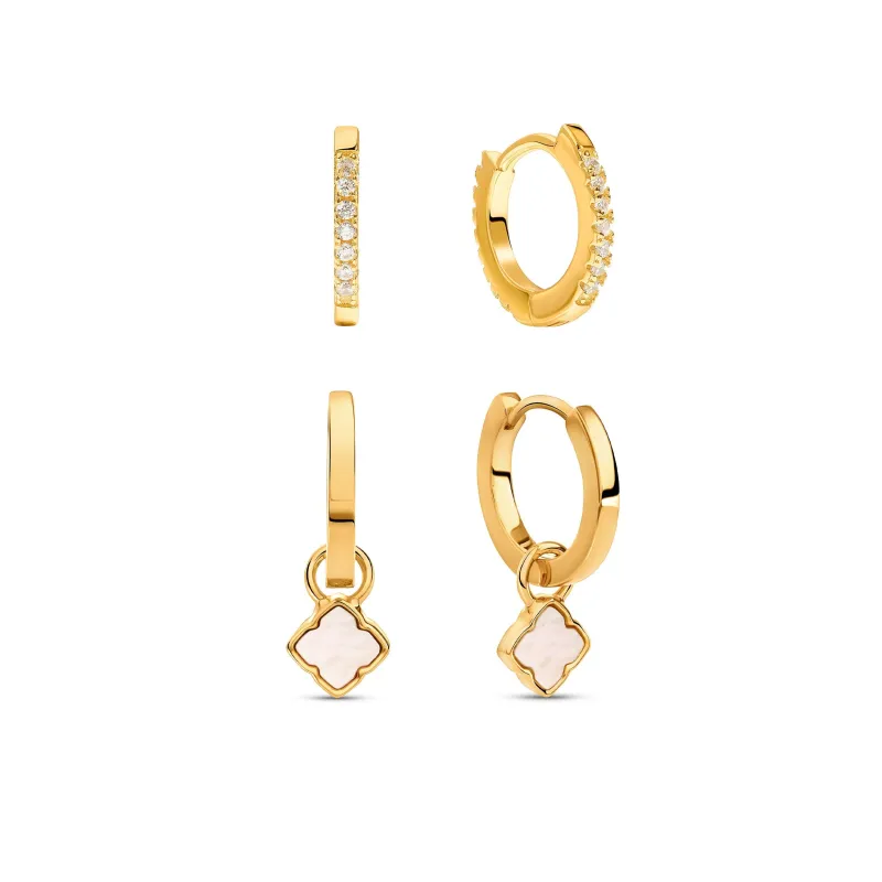 Fine Mini Pearl Clover & Crystal Huggie Earring Set (Gold) sold by Abbott Lyon