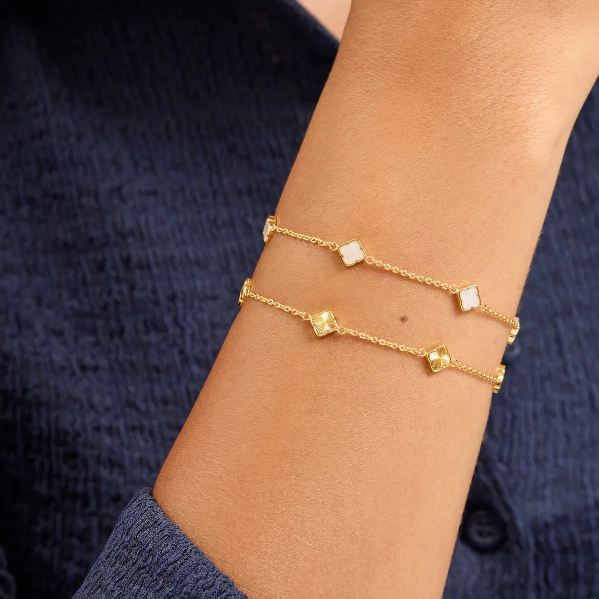 Fine Mini Pearl & Fluted Clover Bracelet Set (Gold) sold by Abbott Lyon product image thumbnail 2