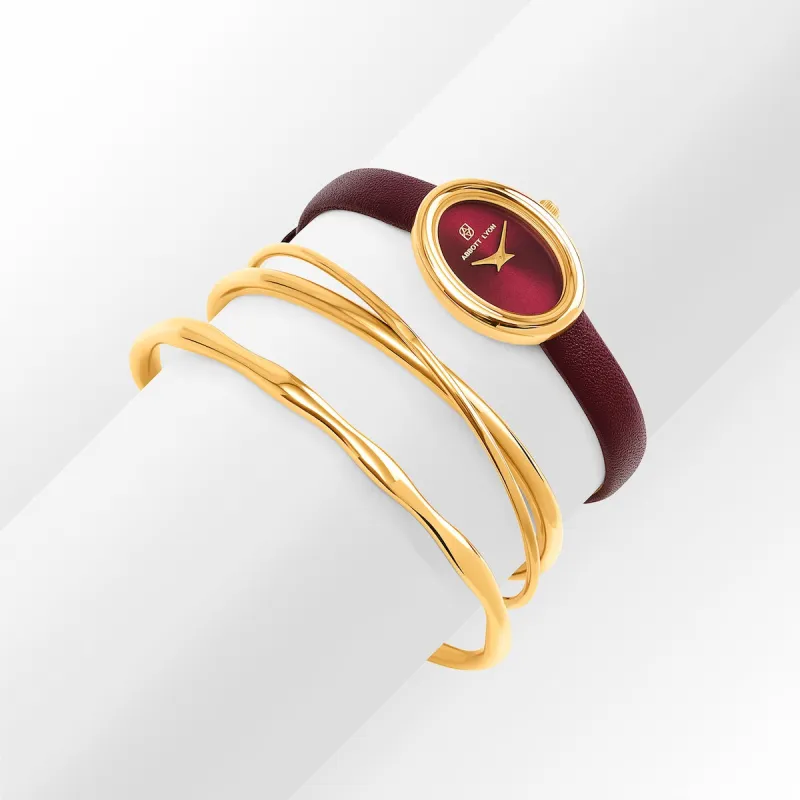 Monroe Leather Watch & Bangle Set (Burgundy/Gold) made by Abbott Lyon