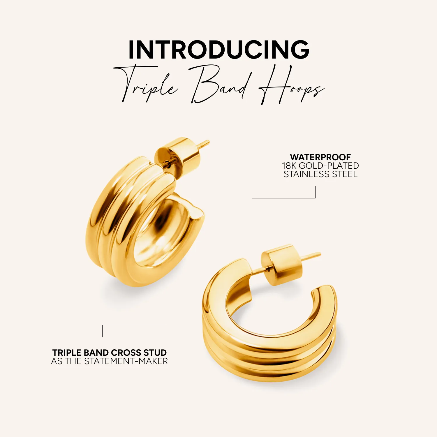 Triple Band Hoop Earrings (Gold) sold by Abbott Lyon product image thumbnail 4