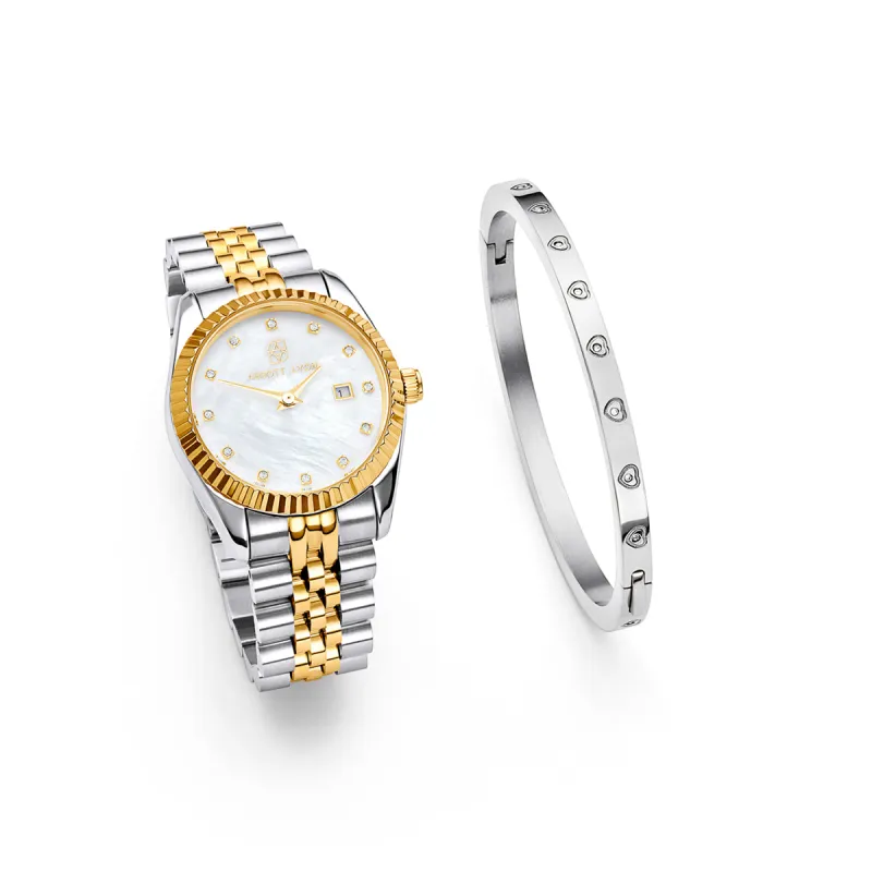 Pearl Belgravia & Crystal Heart Bangle Set (Silver) sold by Abbott Lyon