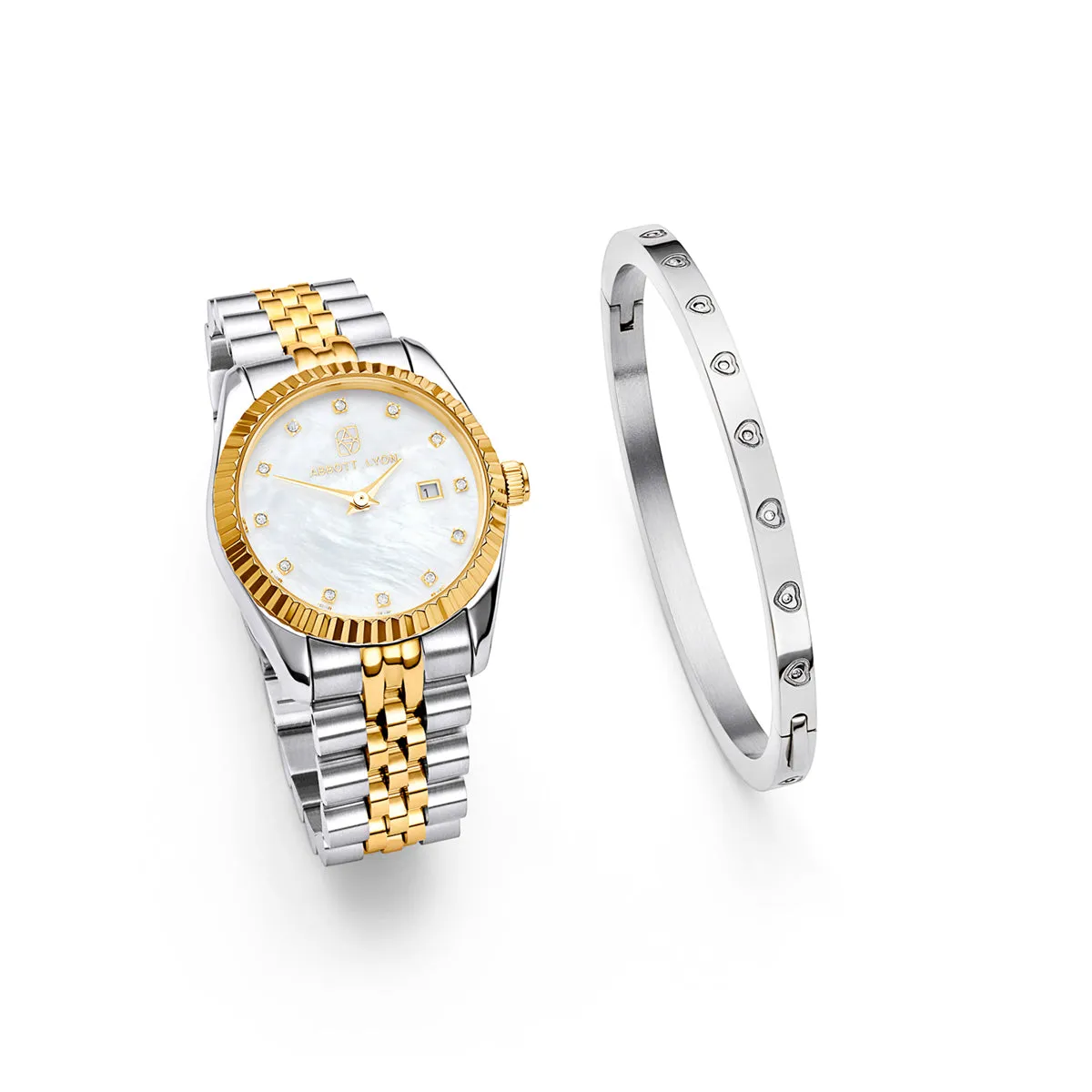 Pearl Belgravia & Crystal Heart Bangle Set (Silver) sold by Abbott Lyon