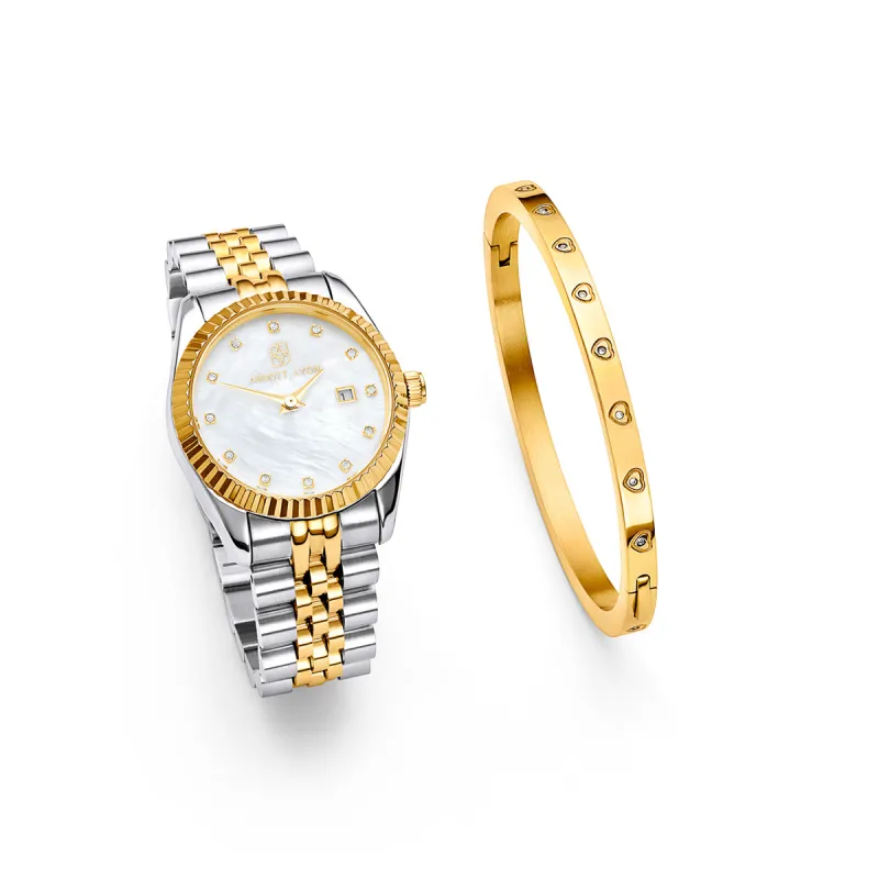 Pearl Belgravia & Crystal Heart Bangle Set (Gold) sold by Abbott Lyon