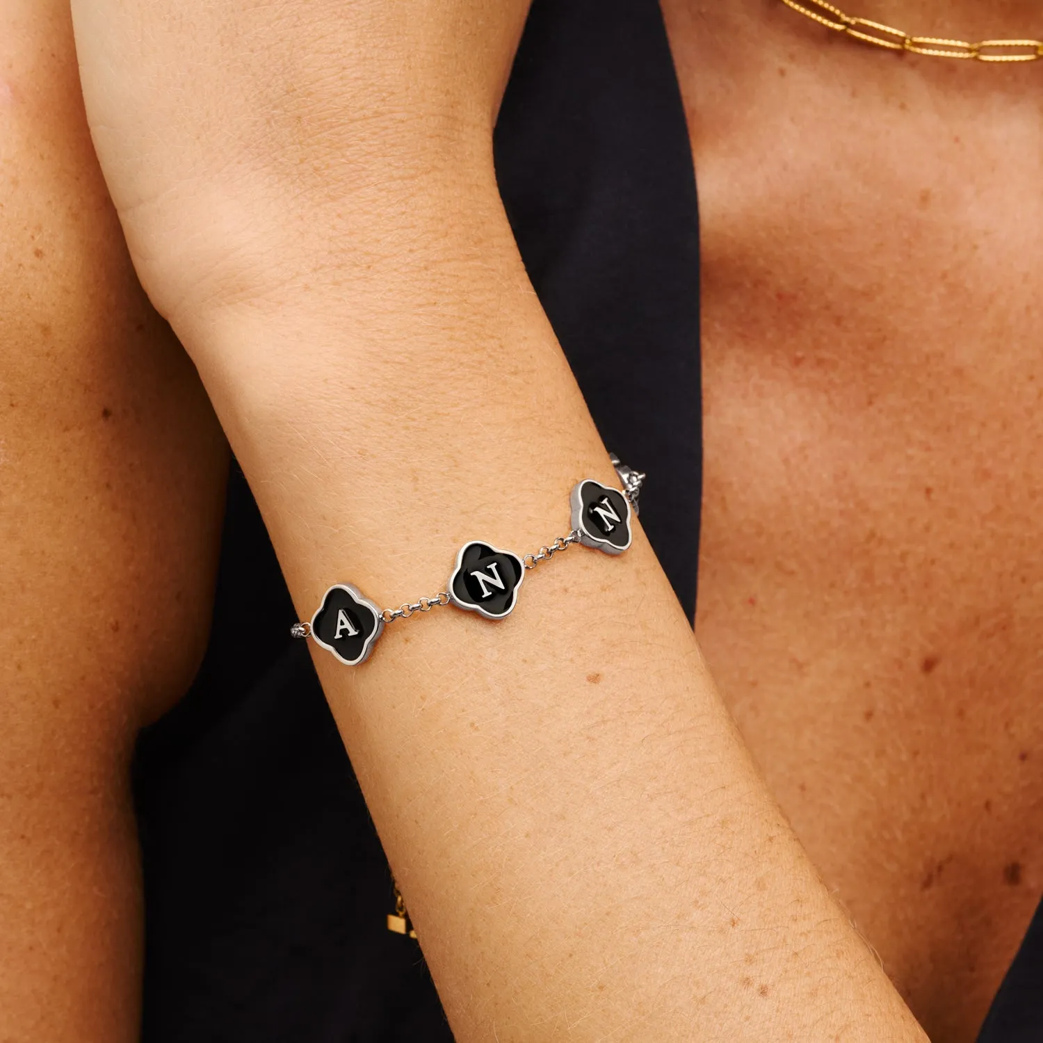 Black Enamel Clover Custom Name Bracelet (Silver) sold by Abbott Lyon product image thumbnail 2