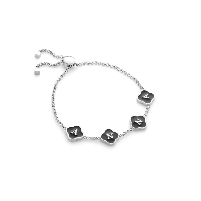 Black Enamel Clover Custom Name Bracelet (Silver) sold by Abbott Lyon