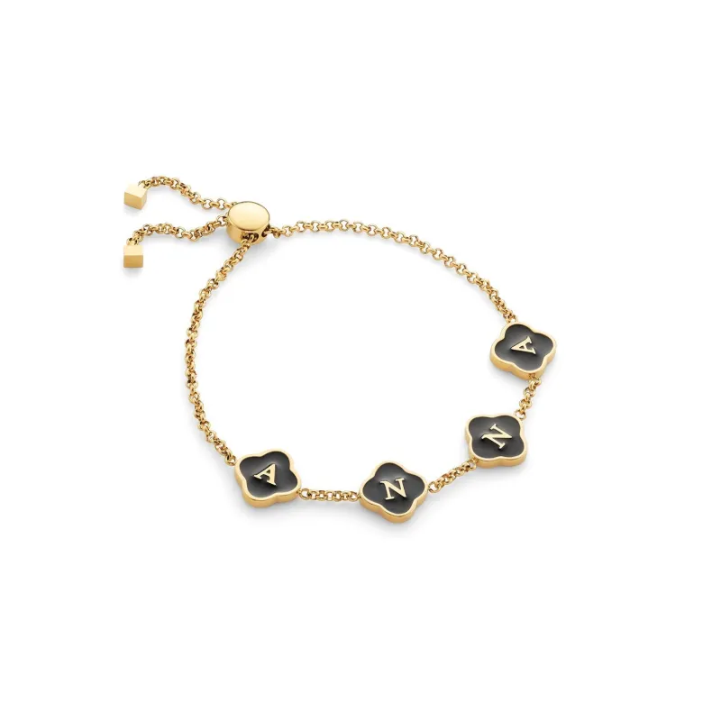 Black Enamel Clover Custom Name Bracelet (Gold) sold by Abbott Lyon