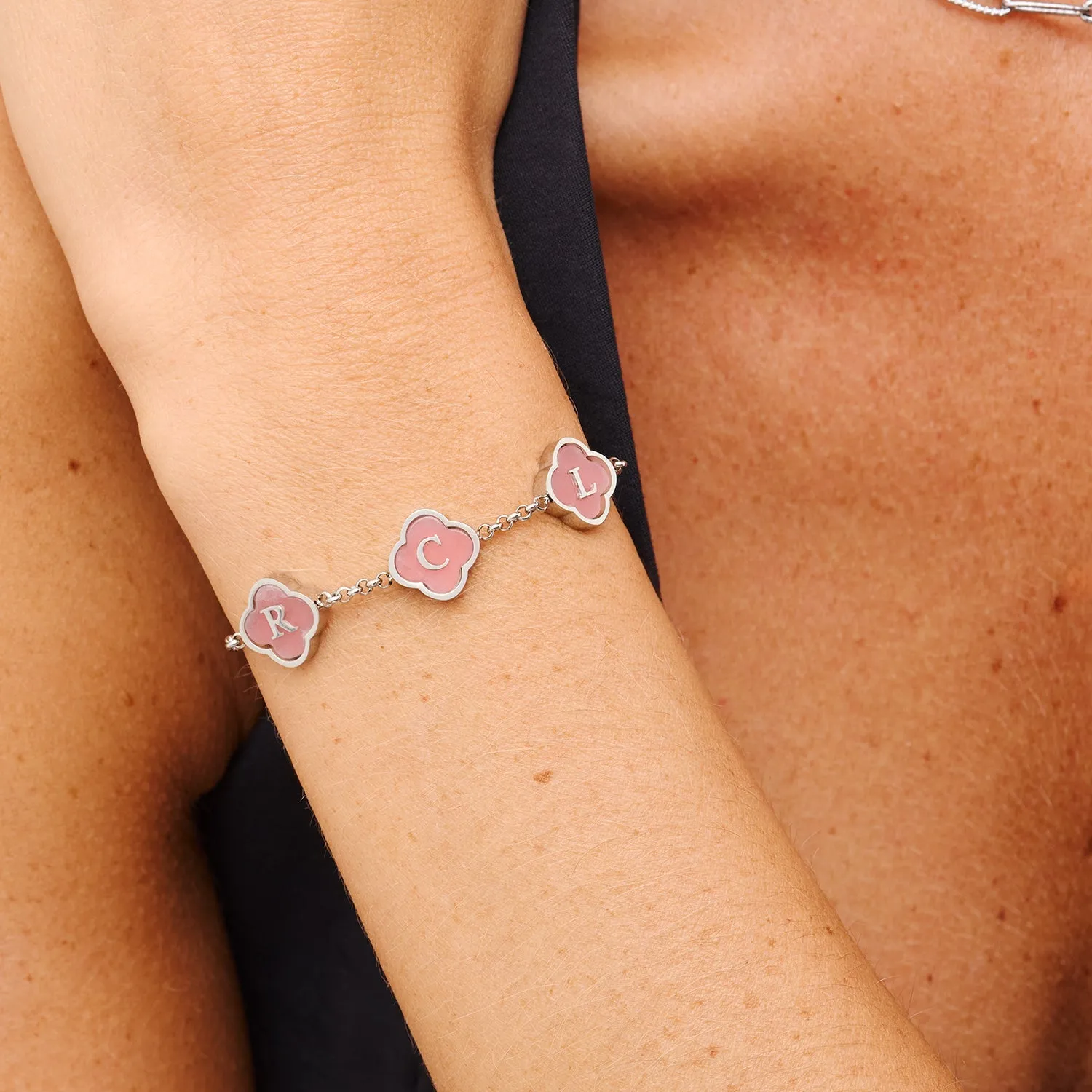 Rose Quartz Clover Custom Name Bracelet (Silver) sold by Abbott Lyon product image thumbnail 2