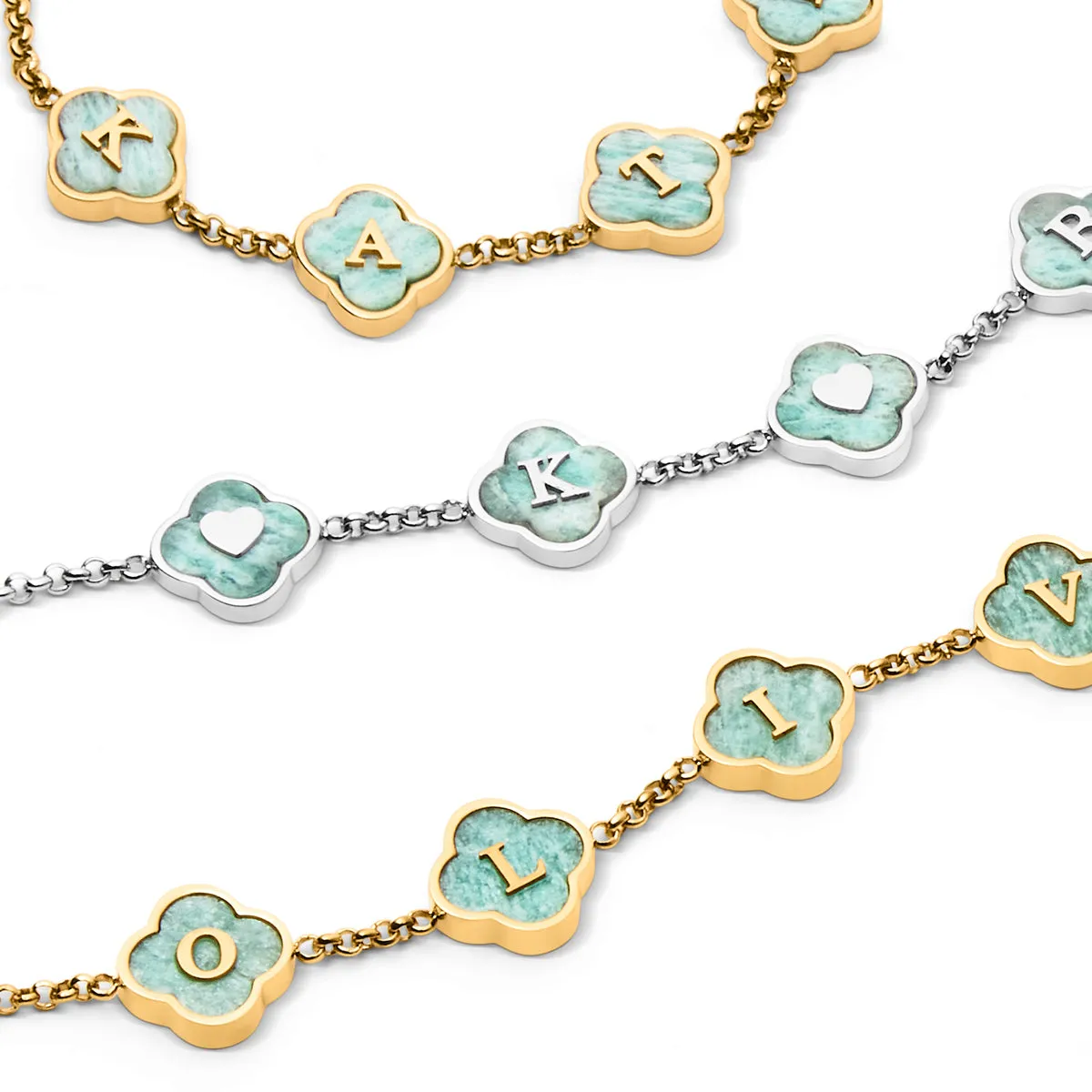 Amazonite Clover Custom Name Necklace (Gold) sold by Abbott Lyon product image thumbnail 4
