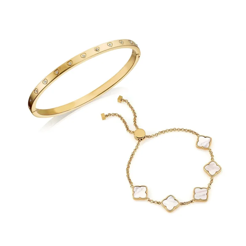 Crystal Heart Bangle & Multi Pearl Clover Bracelet Set (Gold) sold by Abbott Lyon