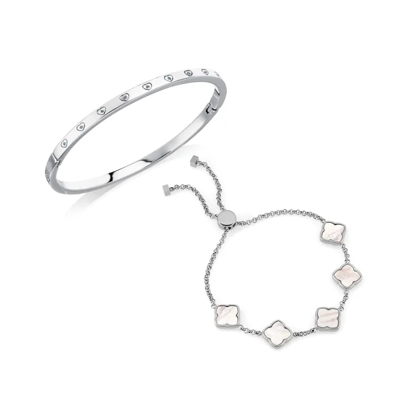 Crystal Heart Bangle & Multi Pearl Clover Bracelet Set (Silver) made by Abbott Lyon