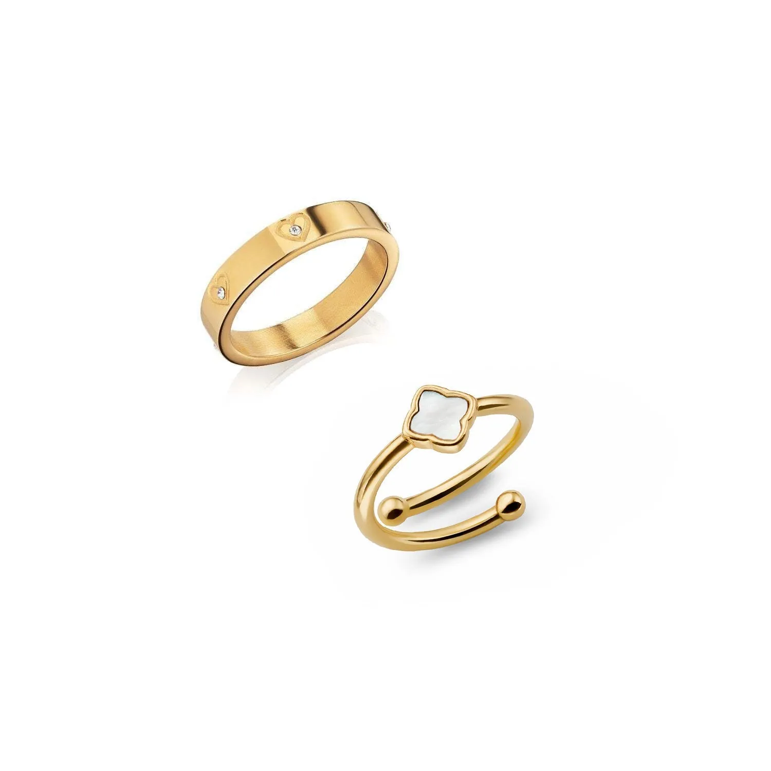 Crystal Heart & Pearl Clover Ring Set (Gold) sold by Abbott Lyon