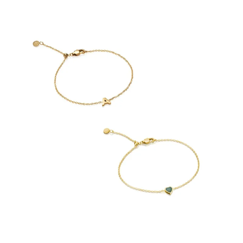 Mini Heart Birthstone & Initial Bracelet Set (Gold) sold by Abbott Lyon