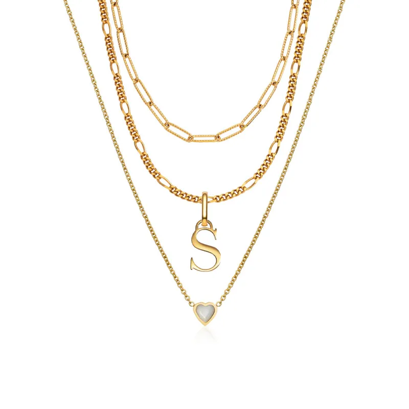 Mini Heart Birthstone & Initial Layered Necklace Set (Gold) sold by Abbott Lyon