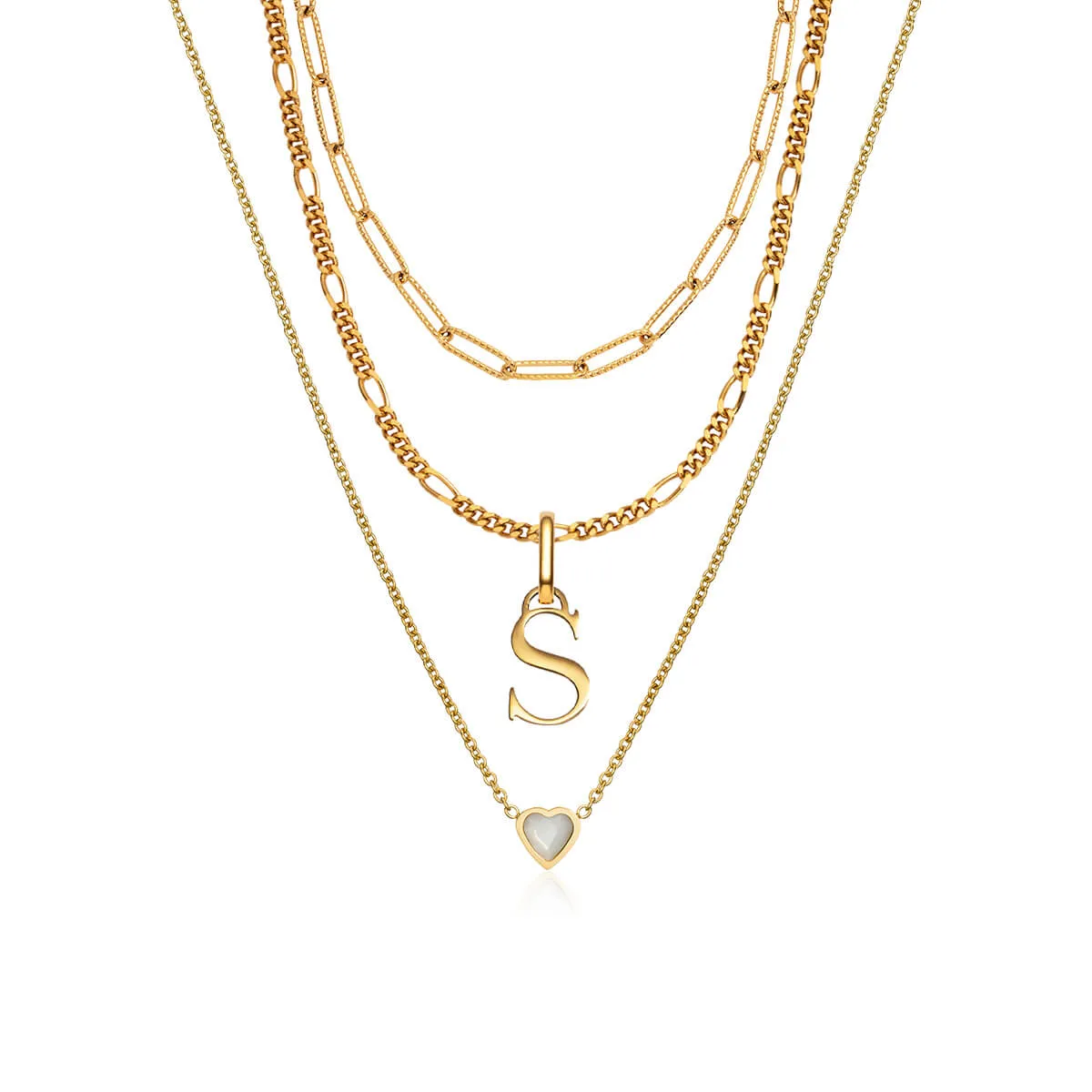 Mini Heart Birthstone & Initial Layered Necklace Set (Gold) sold by Abbott Lyon