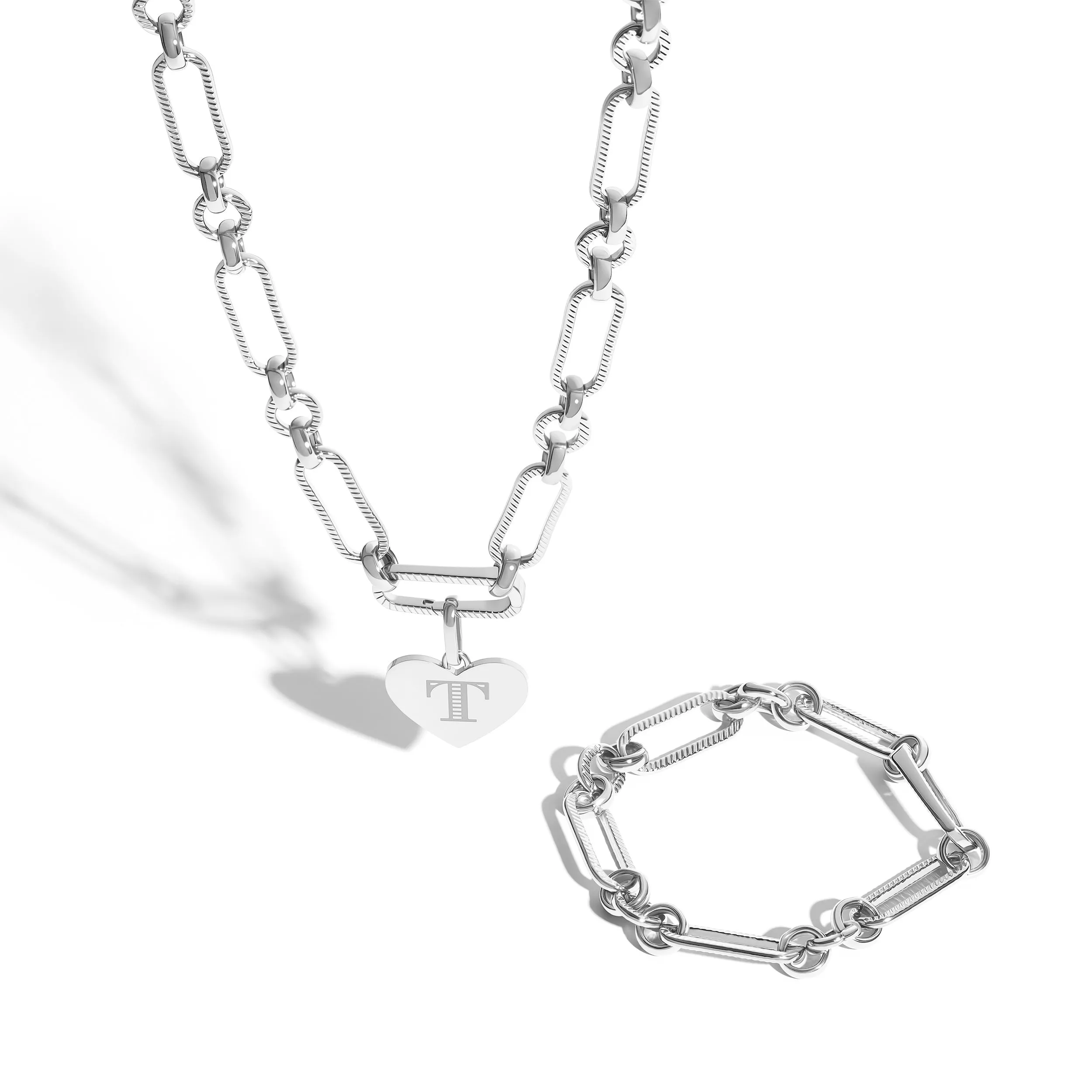 Heart Figaro Chain Necklace & Bracelet Set (Silver) sold by Abbott Lyon