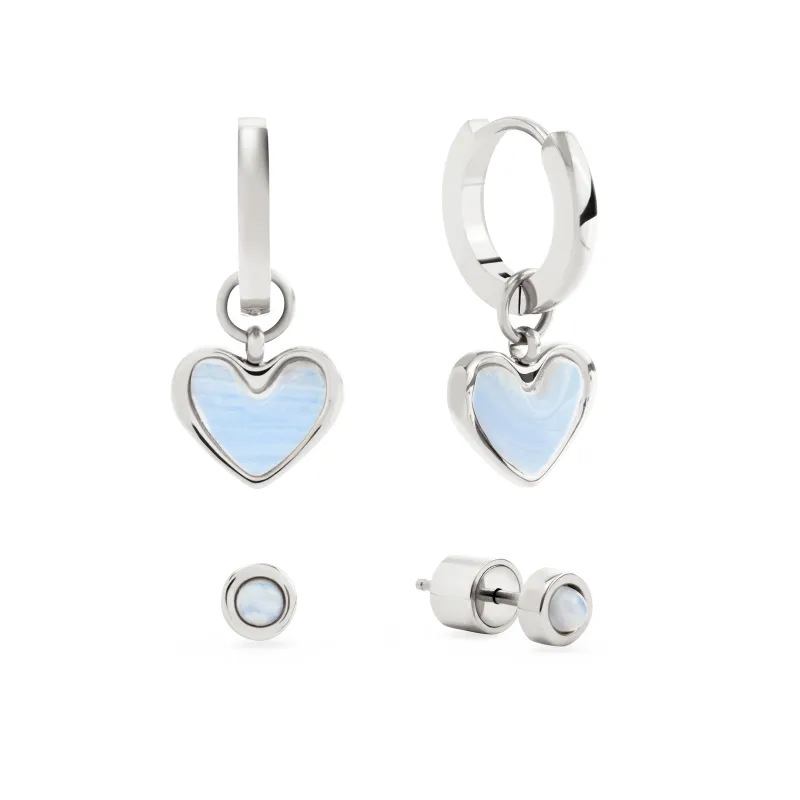 Light Blue Lace Agate Heart Huggie Earrings & Stud Set (Silver) sold by Abbott Lyon