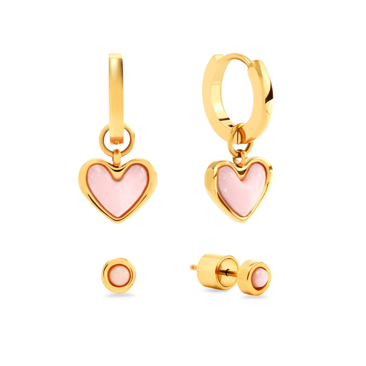 Pale Pink Opal Heart Huggie Earrings Set (Gold) sold by Abbott Lyon