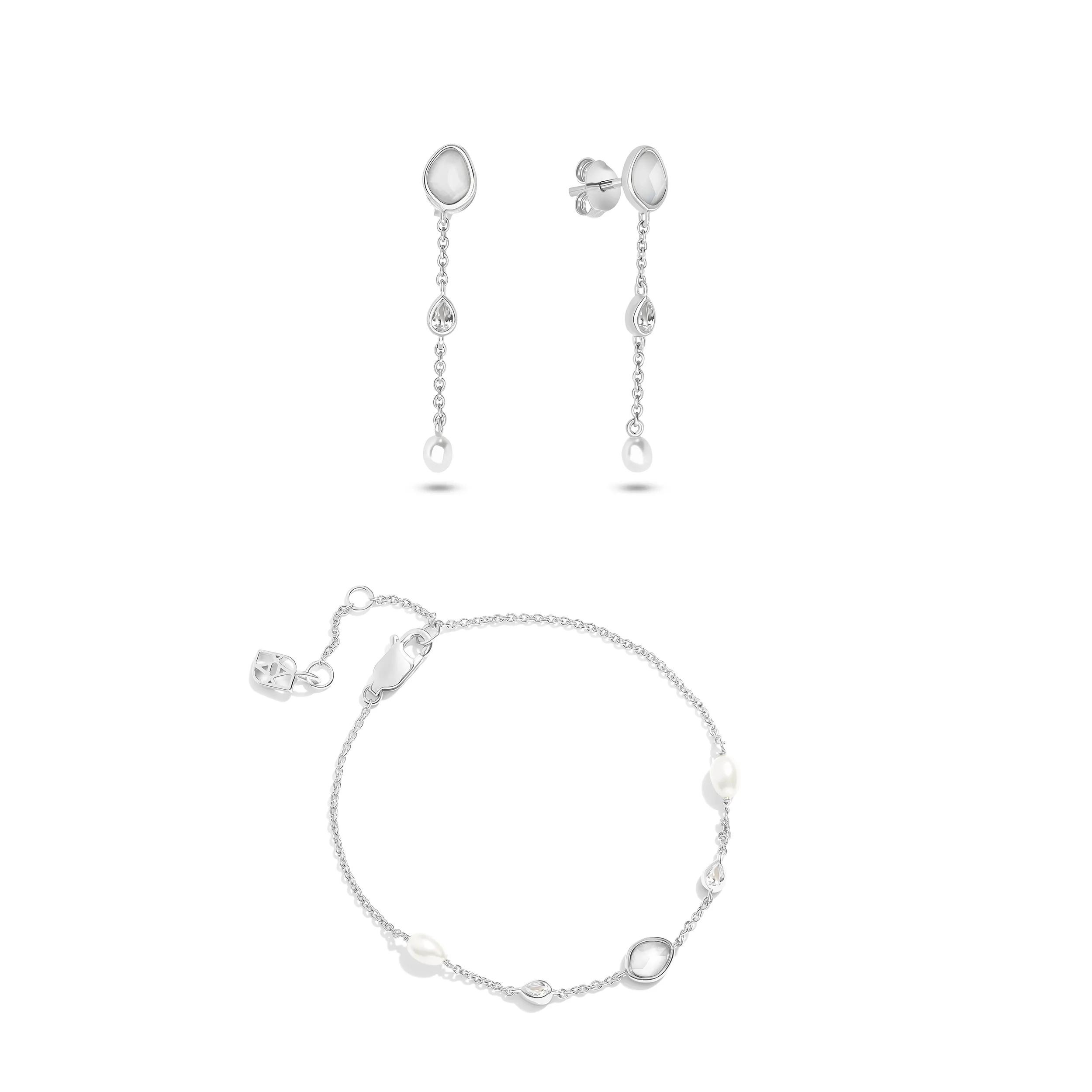 Modern Elegance Quartz & Pearl Bracelet & Earring Set (Silver) sold by Abbott Lyon