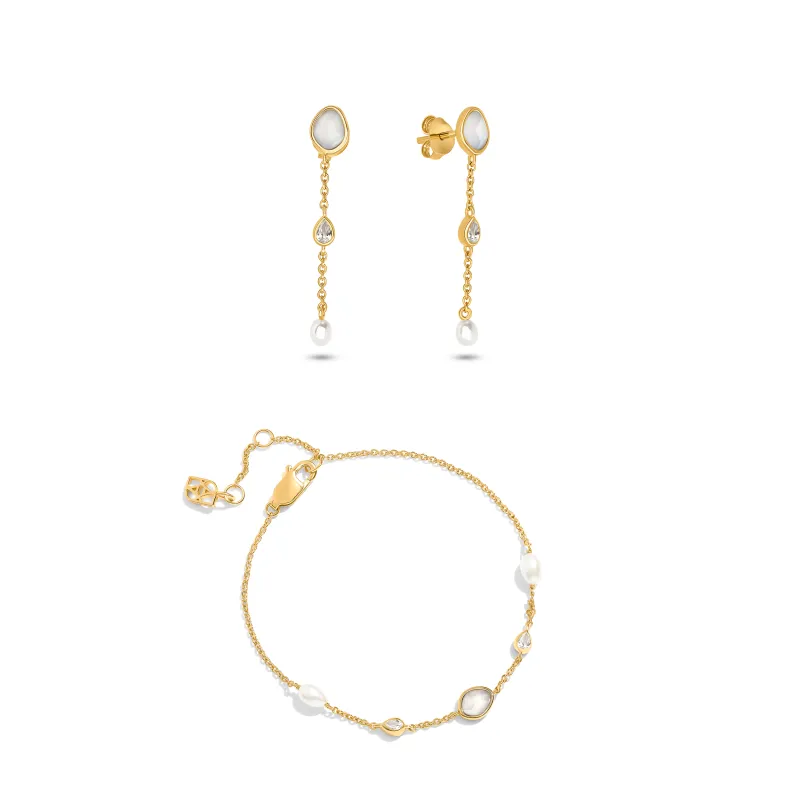 Modern Elegance Quartz & Pearl Bracelet & Earring Set (Gold) made by Abbott Lyon