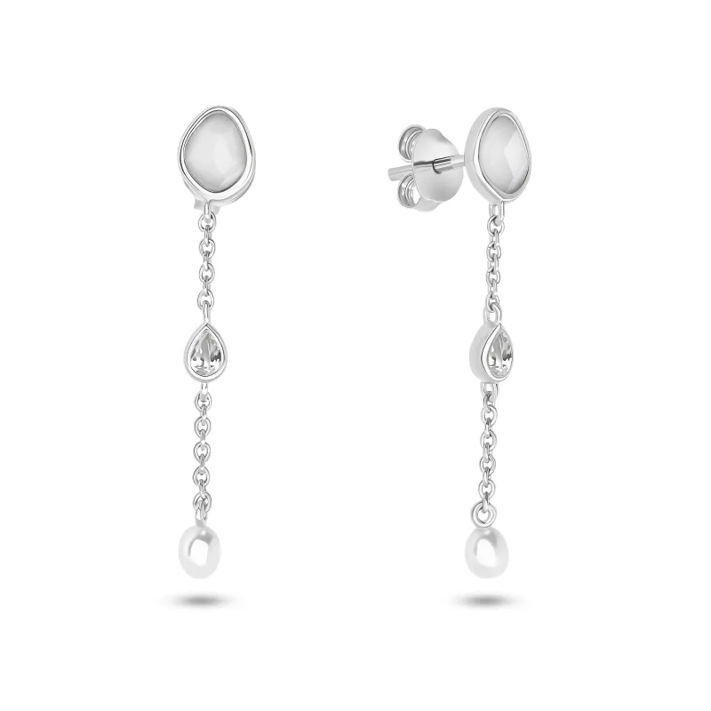 Modern Elegance Quartz & Pearl Drop Earrings (Silver) sold by Abbott Lyon