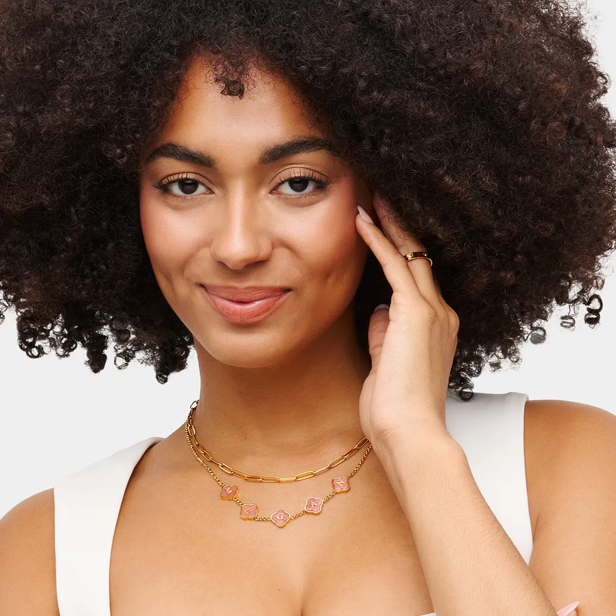 Rose Quartz Clover Custom Name Necklace (Gold) sold by Abbott Lyon product image thumbnail 3