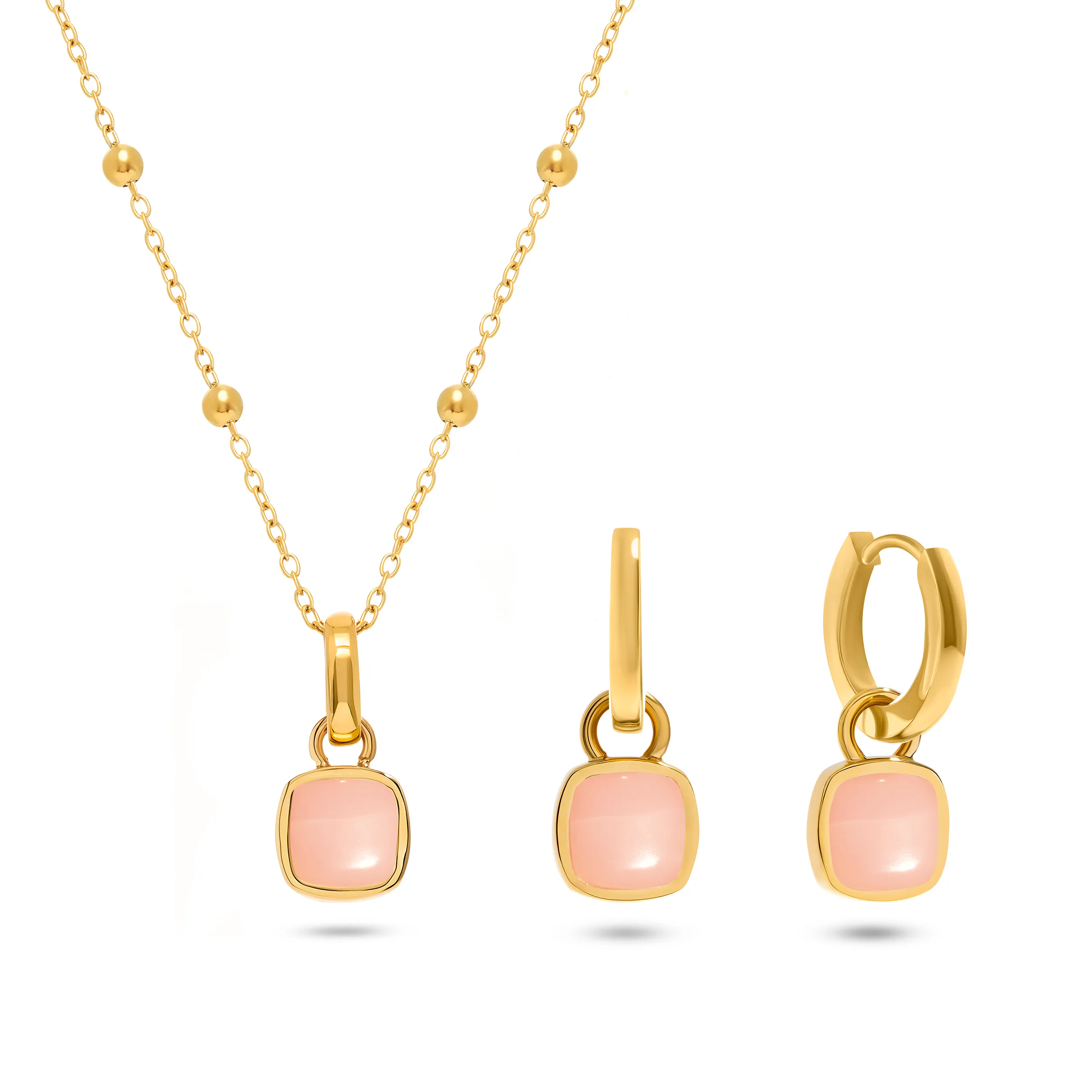 Pale Pink Opal Cushion Necklace & Earrings Set (Gold) sold by Abbott Lyon