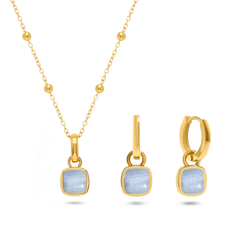 Blue Lace Agate Cushion Necklace & Earrings Set (Gold) made by Abbott Lyon