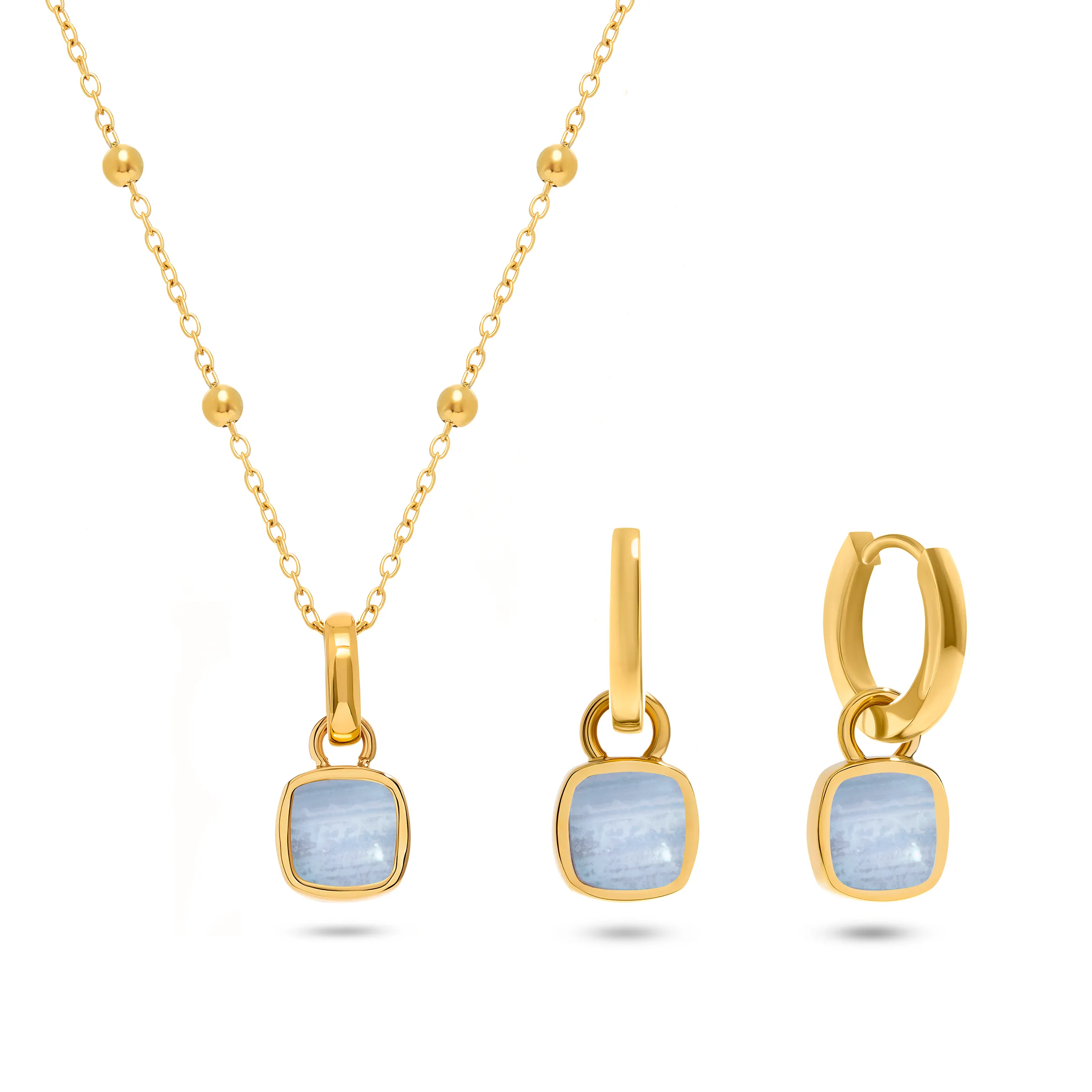 Blue Lace Agate Cushion Necklace & Earrings Set (Gold) sold by Abbott Lyon