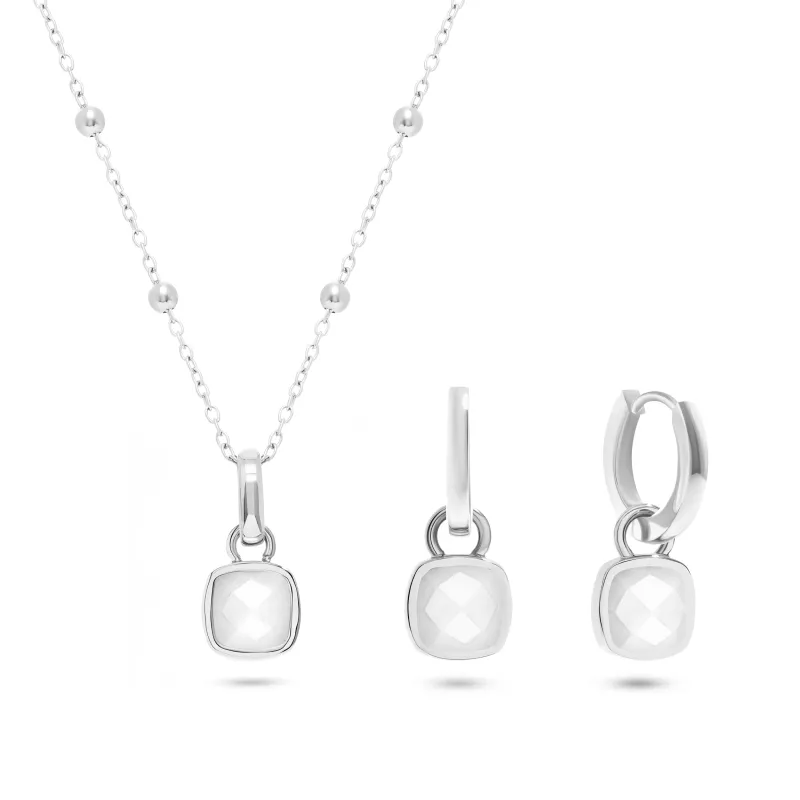 White Quartz Cushion Necklace & Earrings Set (Silver) made by Abbott Lyon