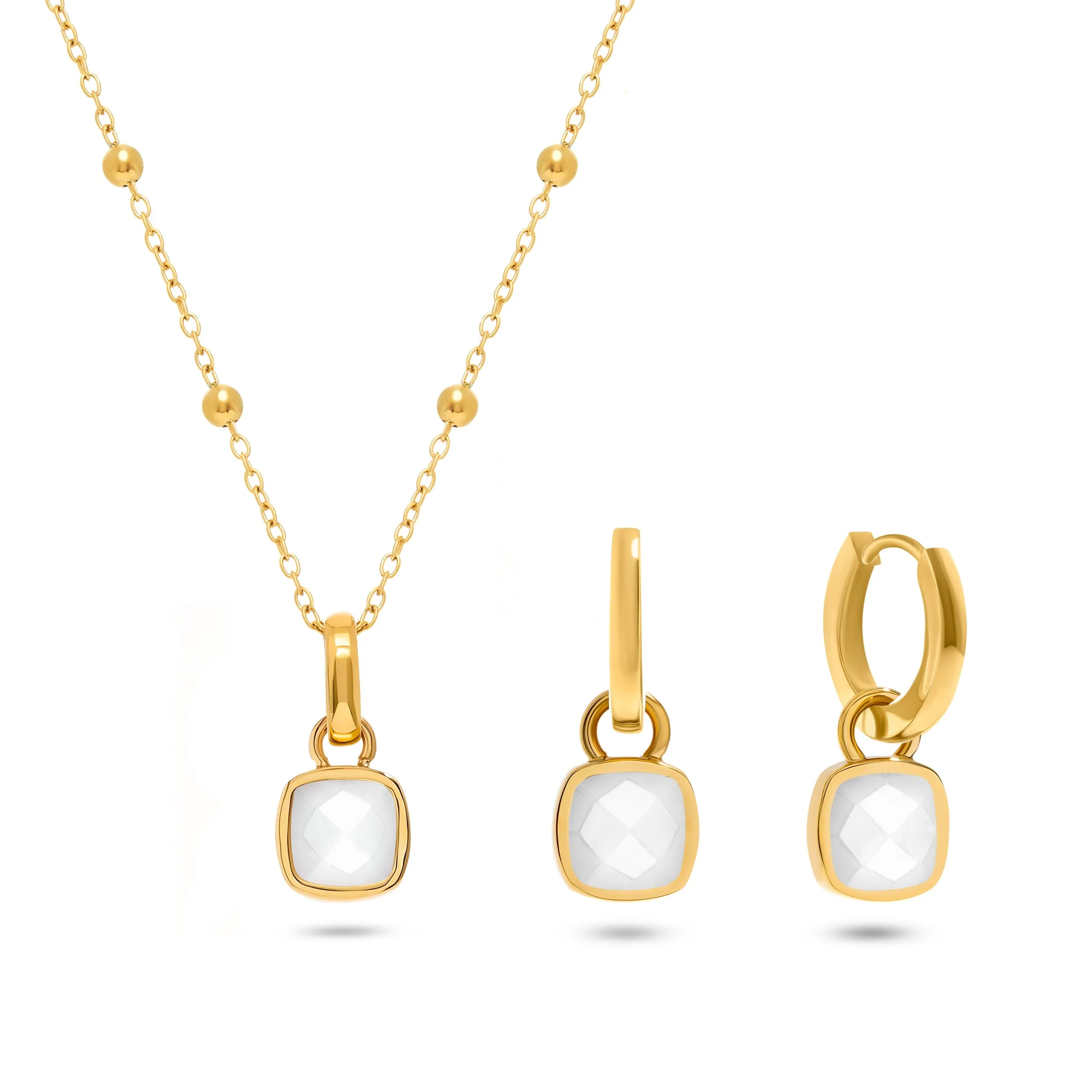 White Quartz Cushion Necklace & Earrings Set (Gold) sold by Abbott Lyon