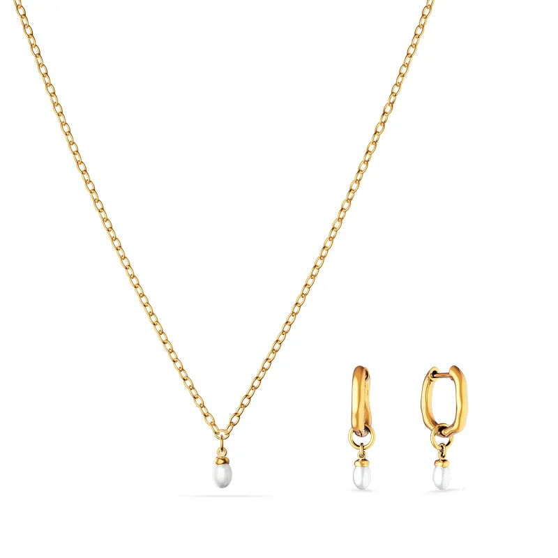 Fine Organic Pearl Necklace & Huggie Set (Gold) made by Abbott Lyon