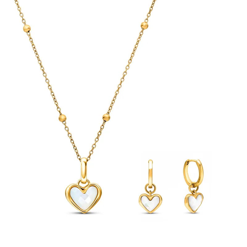 White Quartz Heart Necklace & Huggie Set (Gold) made by Abbott Lyon