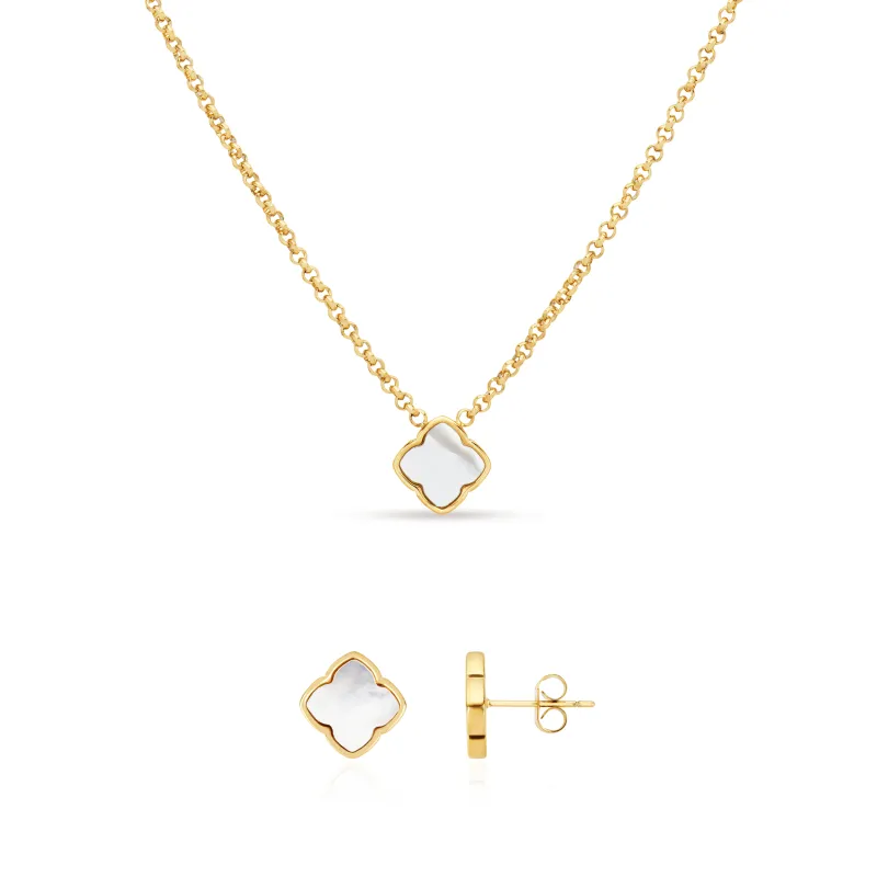 Pearl Clover Necklace & Stud Earrings Set (Gold) made by Abbott Lyon