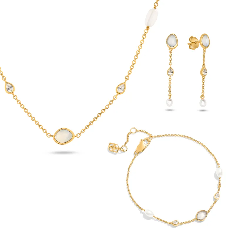 Modern Elegance Quartz & Pearl Jewellery Set (Gold) made by Abbott Lyon