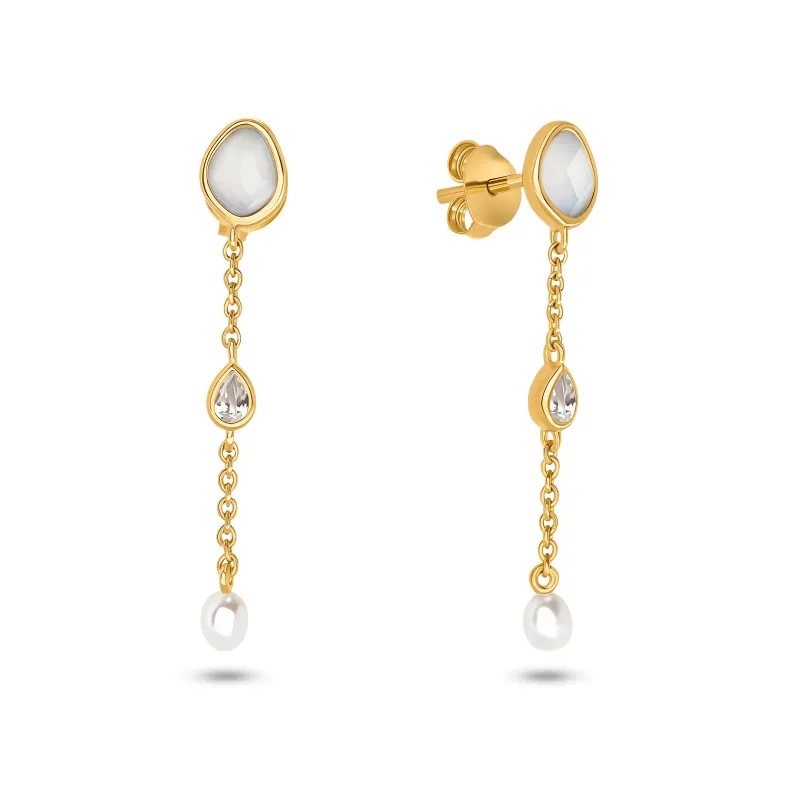 Modern Elegance Quartz & Pearl Drop Earrings (Gold) made by Abbott Lyon