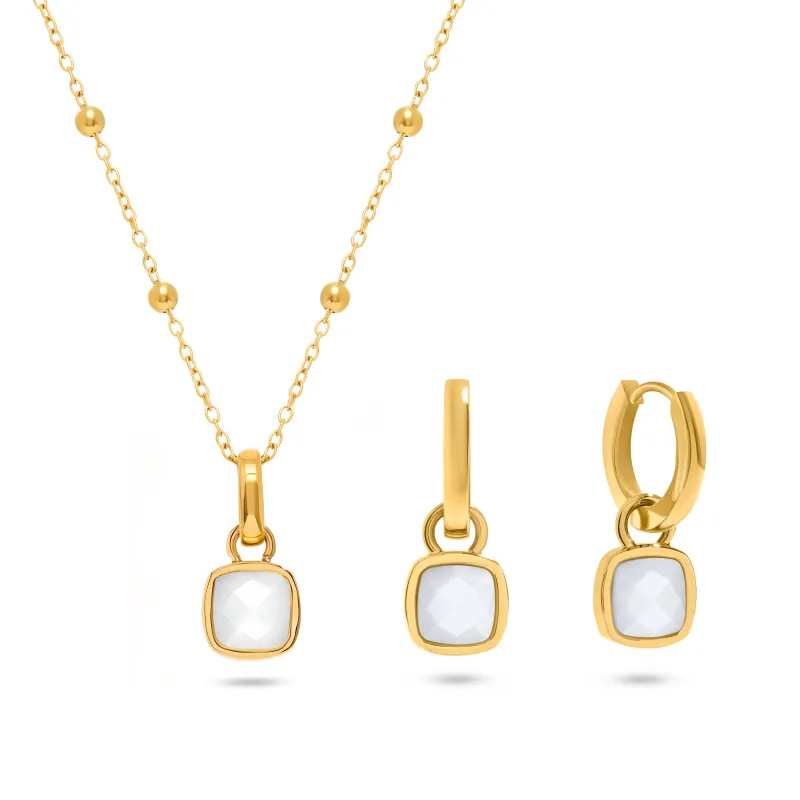 Mother of Pearl Cushion Necklace & Earrings Set (Gold) made by Abbott Lyon