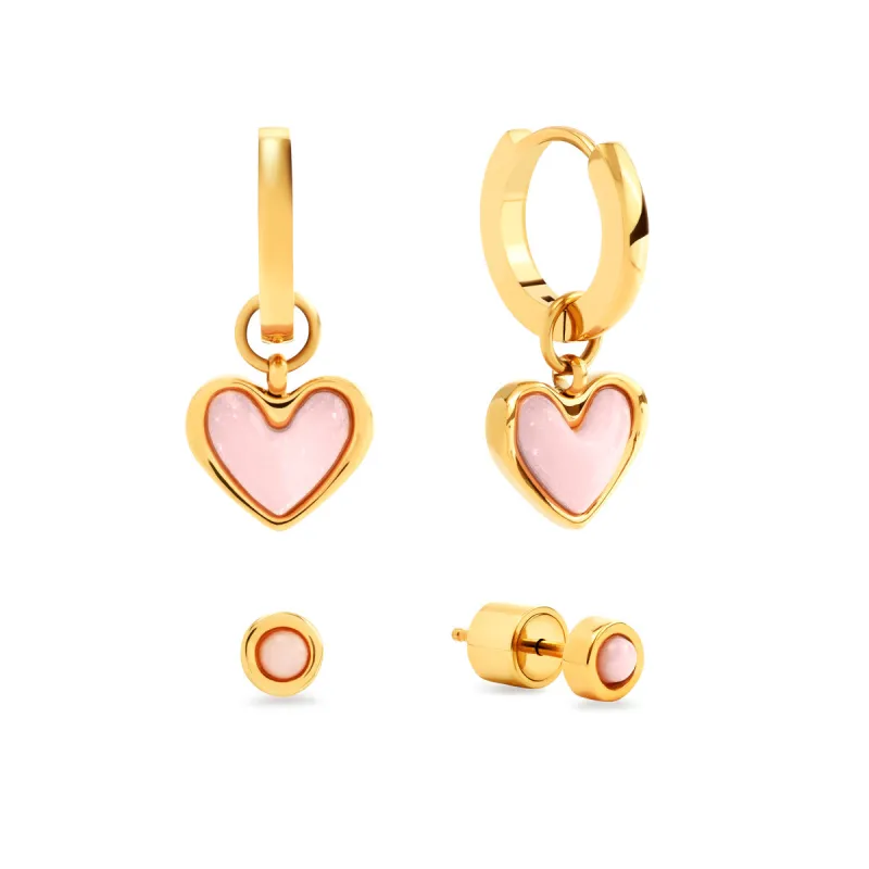 Pale Pink Opal Heart Huggie Earrings & Stud Earrings Set (Gold) made by Abbott Lyon