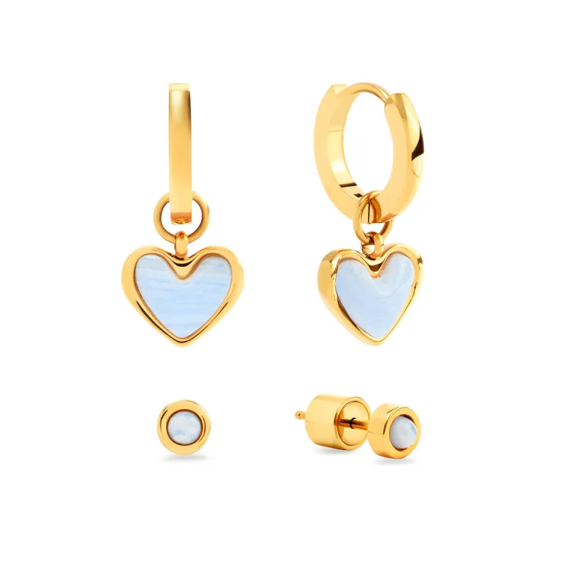 Light Blue Lace Agate Heart Huggie Earrings & Stud Earrings Set (Gold) made by Abbott Lyon