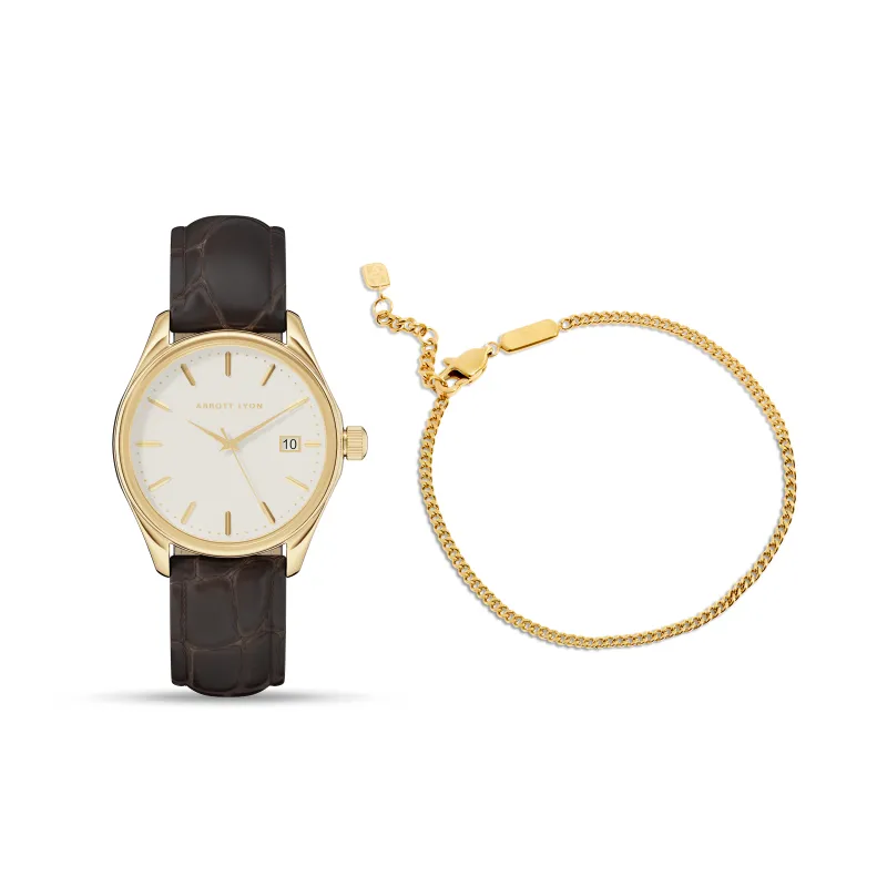 Men's 39mm Mayfair Brown Leather Watch & Fine Curb Chain Bracelet Set (Gold) made by Abbott Lyon